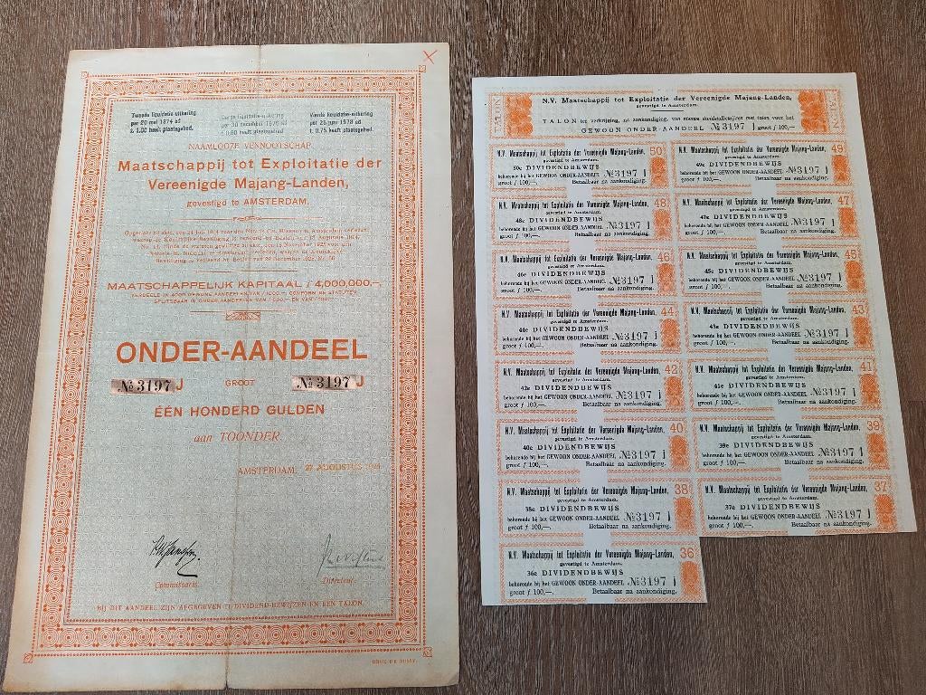 Aandeel "Maatschappij tot Exploitatie der Vereenigde Majang, Postzegels en Munten, Aandelen en Waardepapieren, Ophalen, 1970 tot heden
