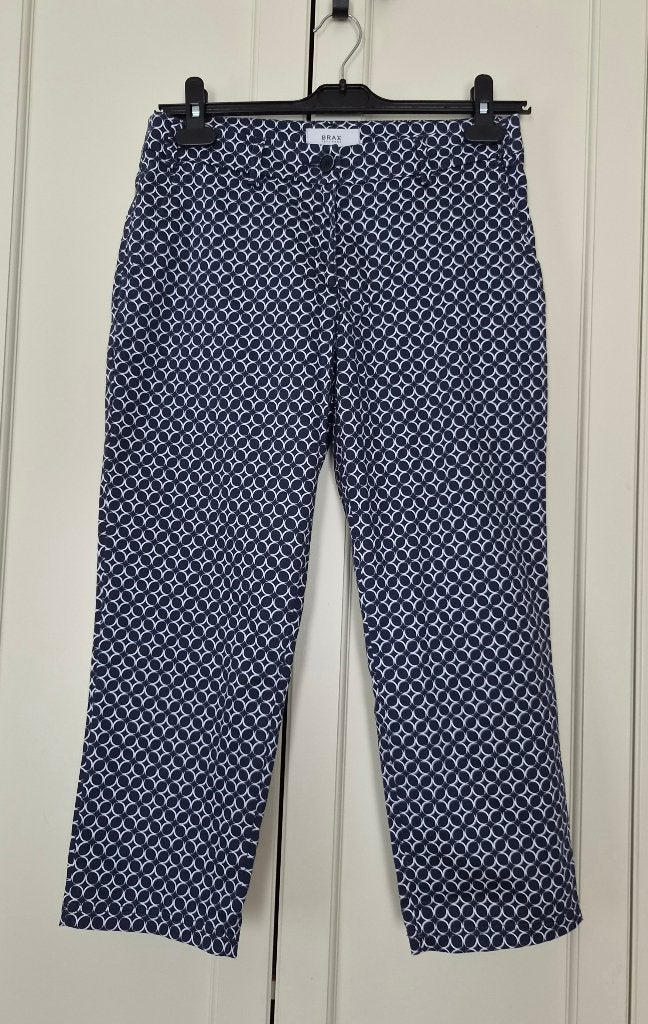 Brax capribroek, geometrisch print, capribroek, maat 36, Blauw, Zo goed als nieuw, Driekwart, Maat 36 (S)