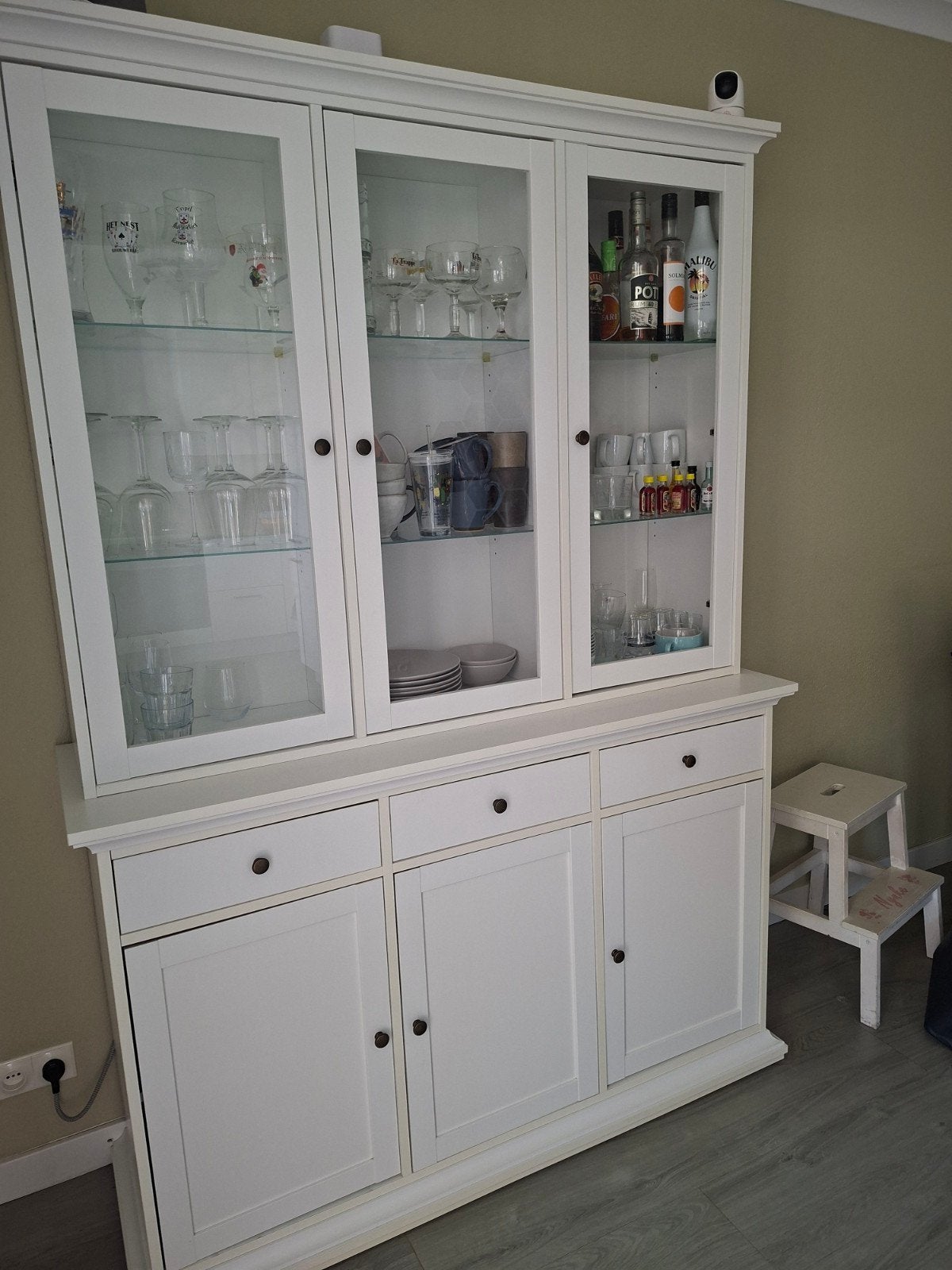 Witte buffetkast met vitrine en lades, Ophalen, Gebruikt, 200 cm of meer, Klassiek, Landelijk