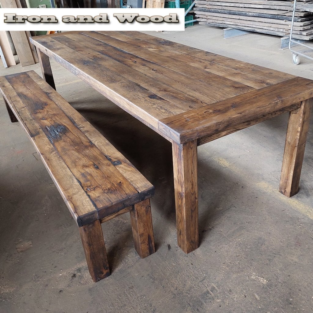 Maatwerk oud eiken robuuste tafel op maat van wagonplanken, Ophalen