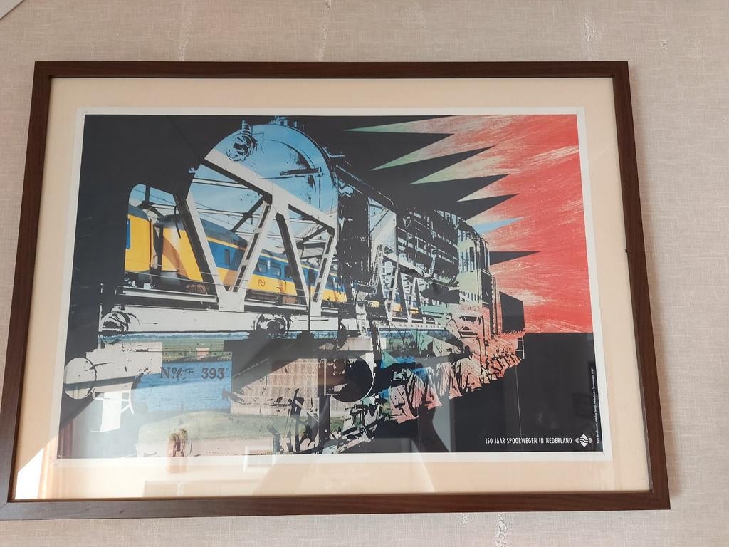 Ingelijste NS poster '150 jaar Spoorwegen in Nederland', Verzamelen, Spoorwegen en Tramwegen, Ophalen of Verzenden, Zo goed als nieuw