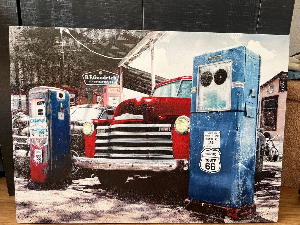 Vintage Route 66 Canvas Schilderij - Benzinepomp & Auto, Huis en Inrichting, Ophalen, Zo goed als nieuw, 75 tot 100 cm, Schilderij