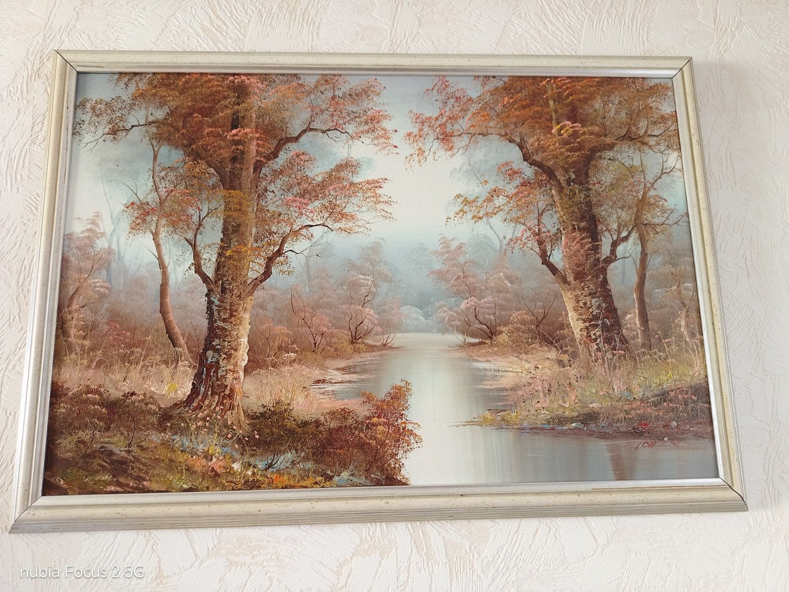 Schilderij J. Cafieri: Herfstlandschap met rivier, Ophalen