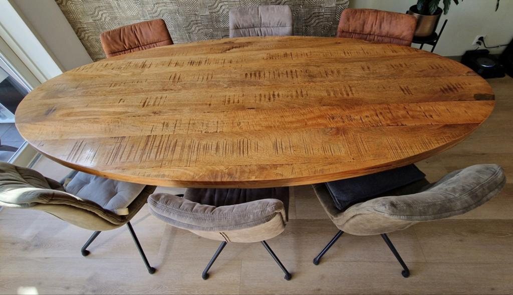 Ovale eettafel mangohout 240 x 110 metalen spinpoot, 100 tot 150 cm, Industrieel, Modern, Zo goed als nieuw, 150 tot 200 cm