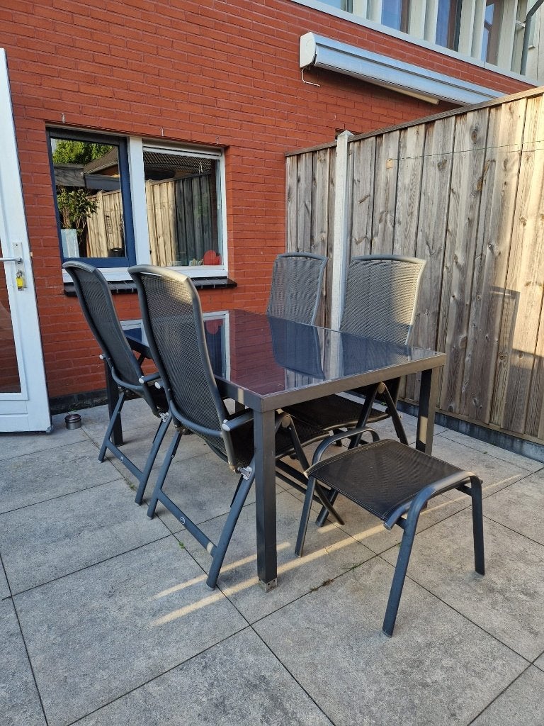 Hartman tuinset 160 cm/glazen blad + 6 stoelen + 6 kussens, Tuin en Terras, Tuinsets en Loungesets, Ophalen, 4 zitplaatsen, Gebruikt