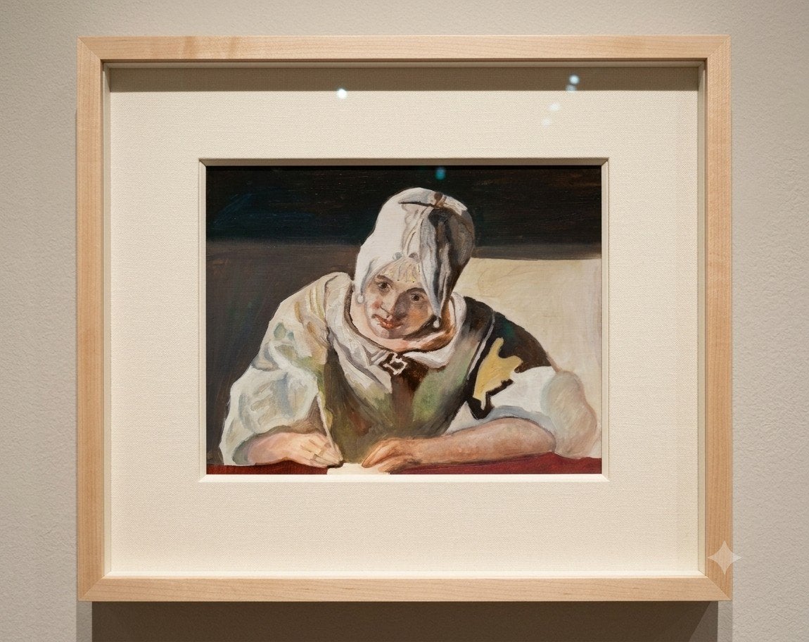 Knipoog naar Vermeer - Olieverf op papier, Antiek en Kunst, Kunst | Schilderijen | Klassiek, Portret of Personen, Ophalen of Verzenden