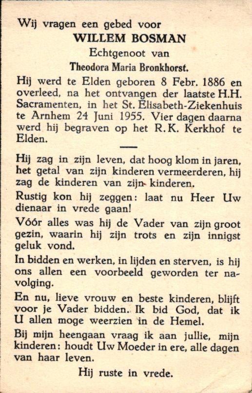 Bosman Willem 1886-1955 Elden, Ophalen of Verzenden