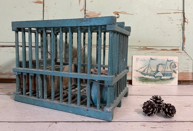 Vintage Frans groen houten vogelkooitje + origineel kruikje, Antiek en Kunst, Ophalen of Verzenden