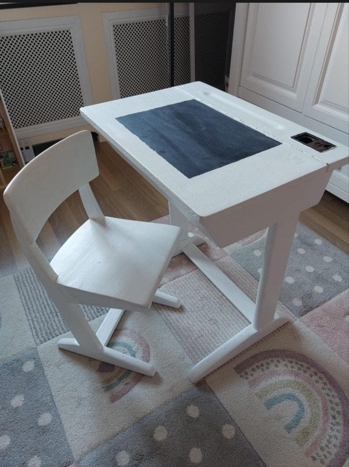 Vintage kinderbureau met stoel - wit, met opbergruimte, Ophalen, Opbergruimte, Gebruikt, Hout