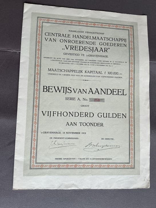 Aandeel: Centrale Handelmaatschappij Vredesjaar 1919, Postzegels en Munten, Aandelen en Waardepapieren, Verzenden, Voor 1920, Aandeel