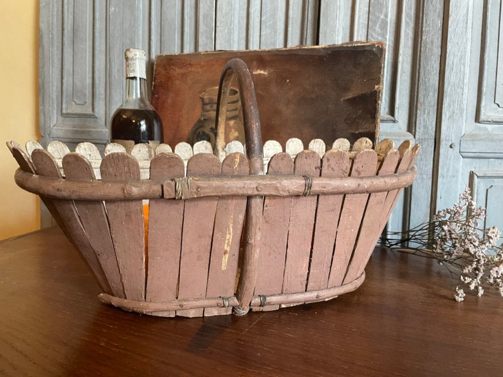 Plukmand Latten Mandje Plukbak met hengsel Frans antiek, Ophalen of Verzenden