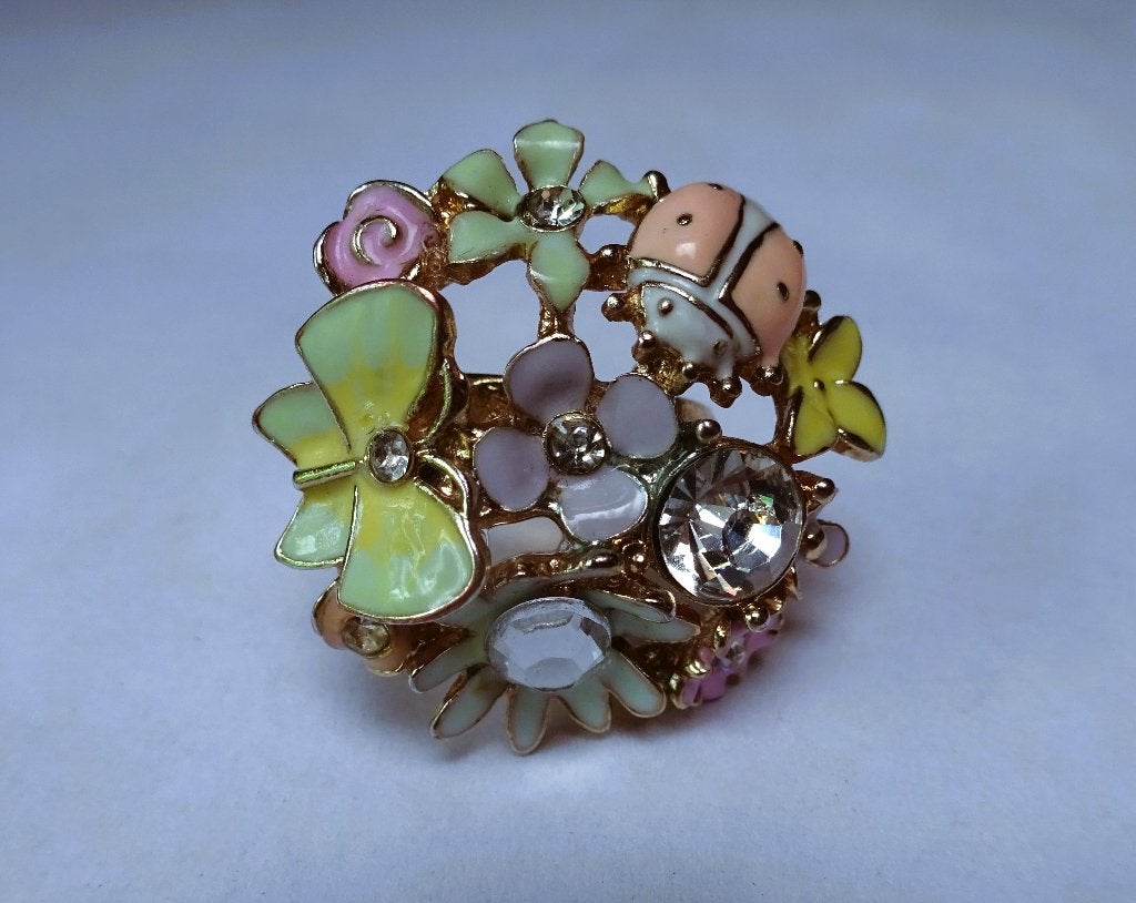 Goudkleurige ring bloemen vlinder en kever, Dame, Goud, Met strass, IJzer of Staal