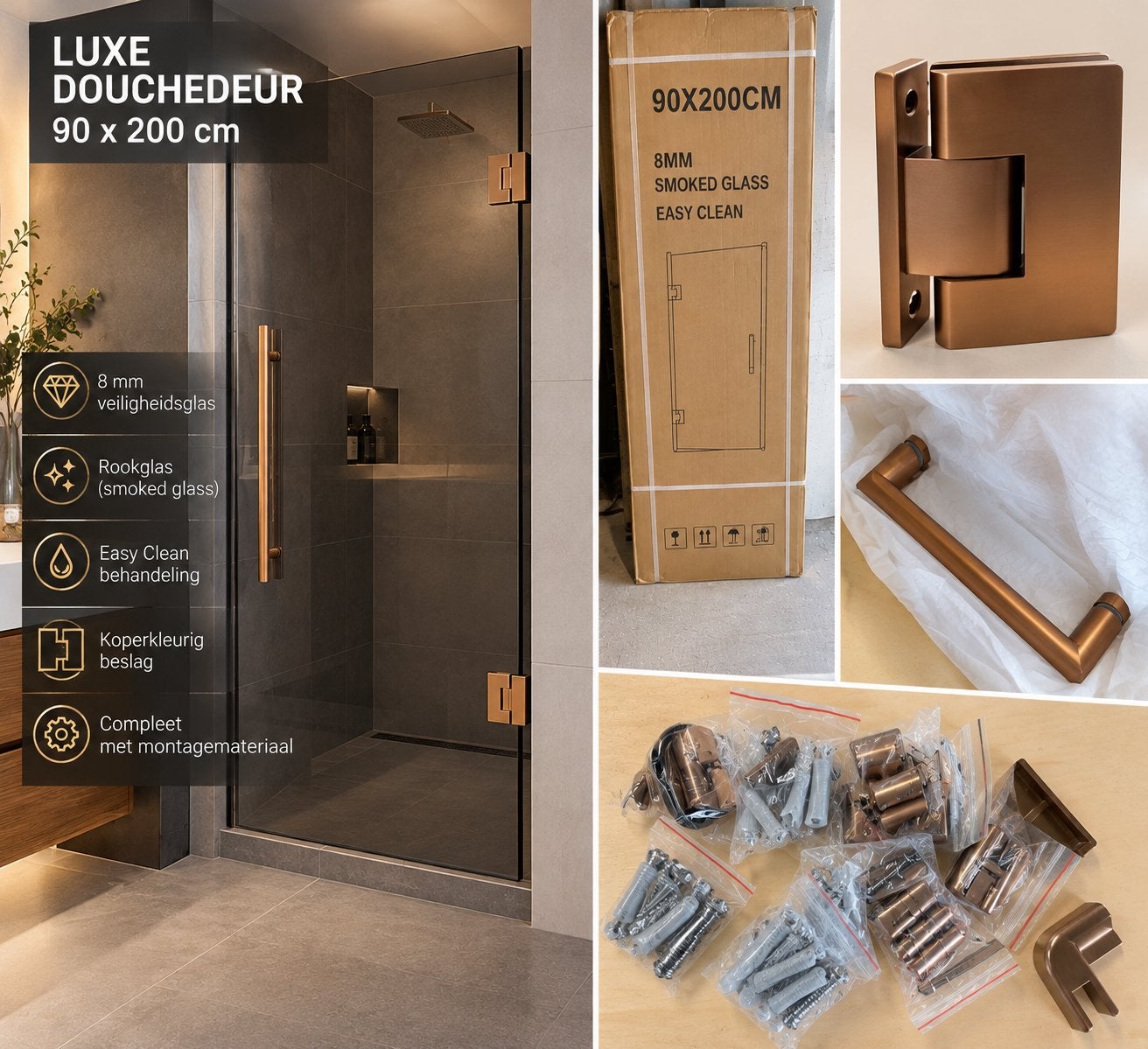Luxe Douchedeur 90x200cm - Rookglas met Koperkleurig Beslag, Ophalen, Nieuw, Koper, Douche