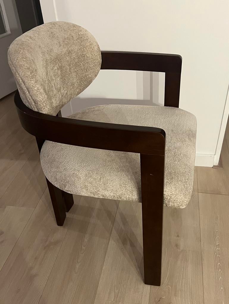 Japandi eetkamerstoelen walnoot, Huis en Inrichting, Stoelen, Zo goed als nieuw, Vier, Hout, Stof, Bruin, Ophalen
