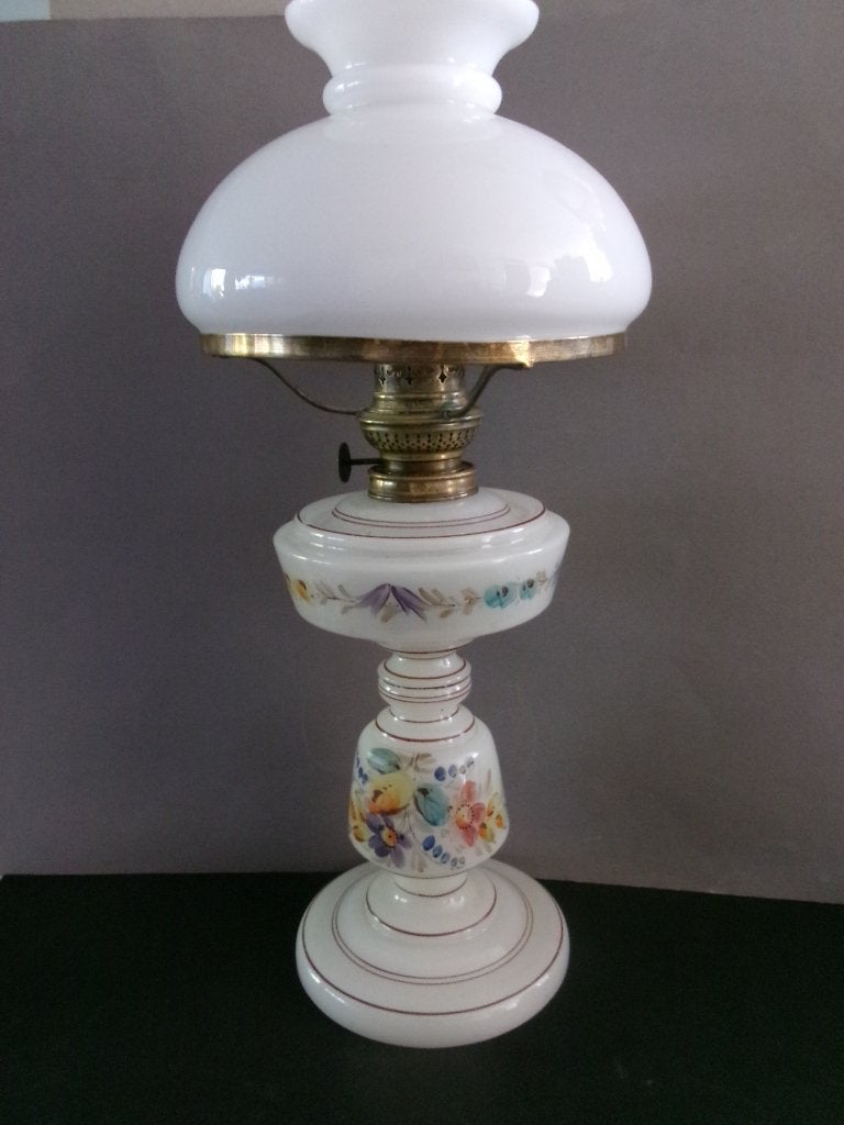 prachtige mooi gebloemde glazen olielamp compleet, Antiek en Kunst, Antiek | Lampen, Ophalen of Verzenden