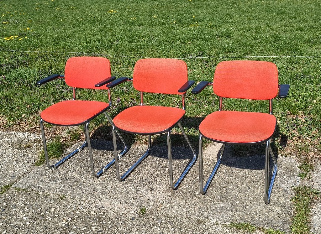 Vintage oranje buisframestoelen (3), Ophalen, Metaal, Gebruikt, Overige kleuren
