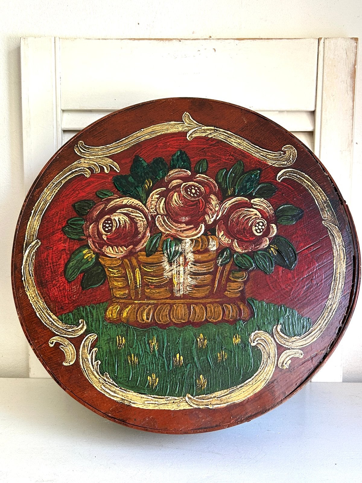Antieke 19e eeuws spanen doos met bloemen 32 cm, Antiek en Kunst, Ophalen