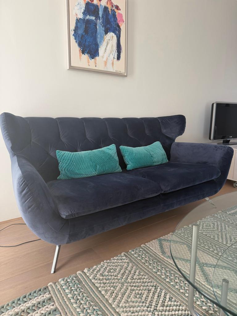 Montel Fluwelen donkerblauwe velvet 2,5 zits bank & fauteuil, Ophalen, Driepersoons, 75 tot 100 cm, Zo goed als nieuw