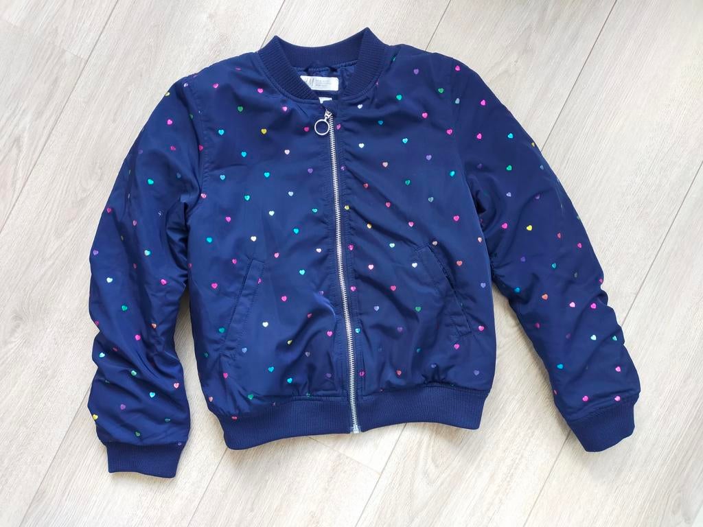 Zgan! Mooi blauw bomberjack met hartjes van H&M! Mt 140, Meisje, H&M, Ophalen of Verzenden, Zo goed als nieuw