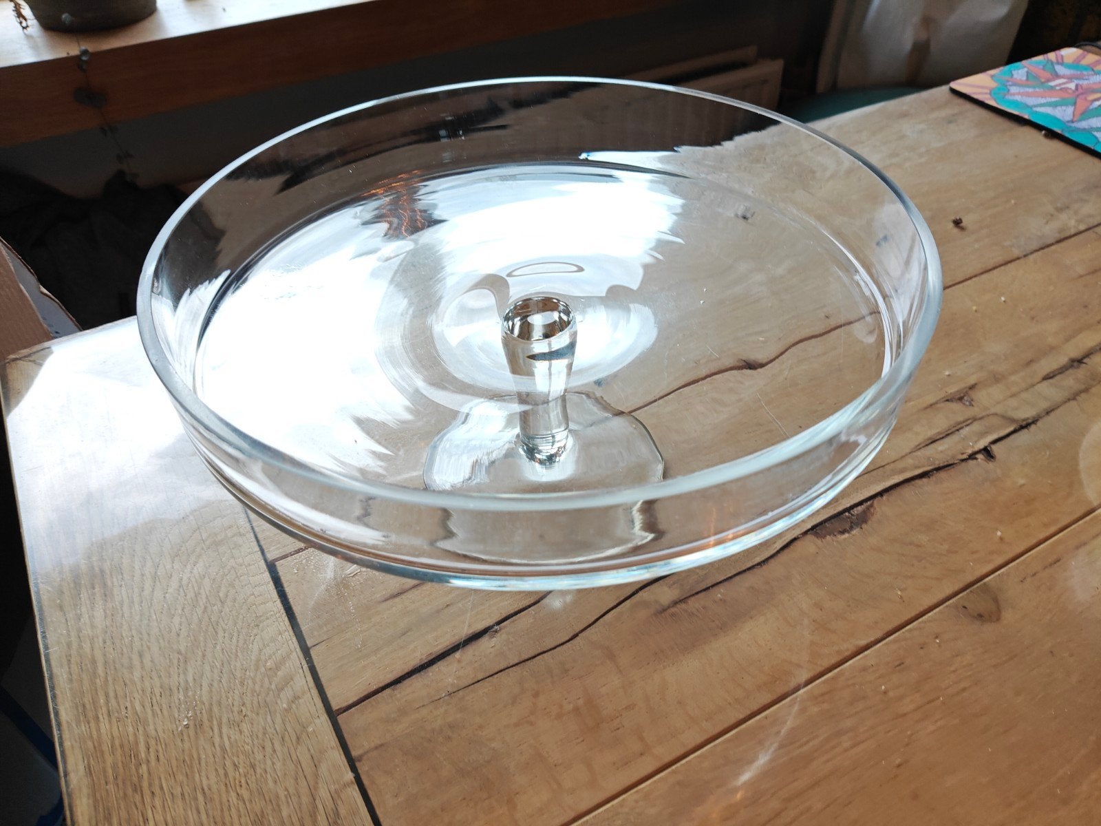 Glazen serveerschaal/ taart standaard op voet 32cm, Gebruikt, Schaal, Rond, Ophalen of Verzenden