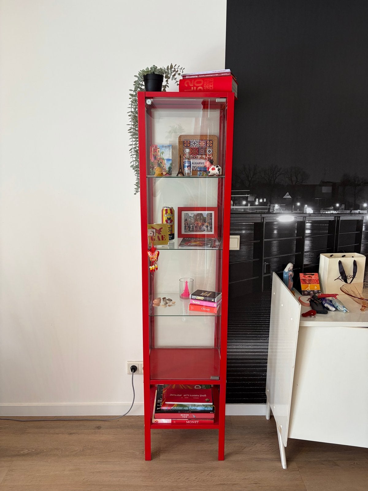 Ikea Biby Vitrinekast Rood - Glazen Kast, Huis en Inrichting, Kasten | Vitrinekasten, Ophalen, Gebruikt, 50 tot 100 cm, Metaal