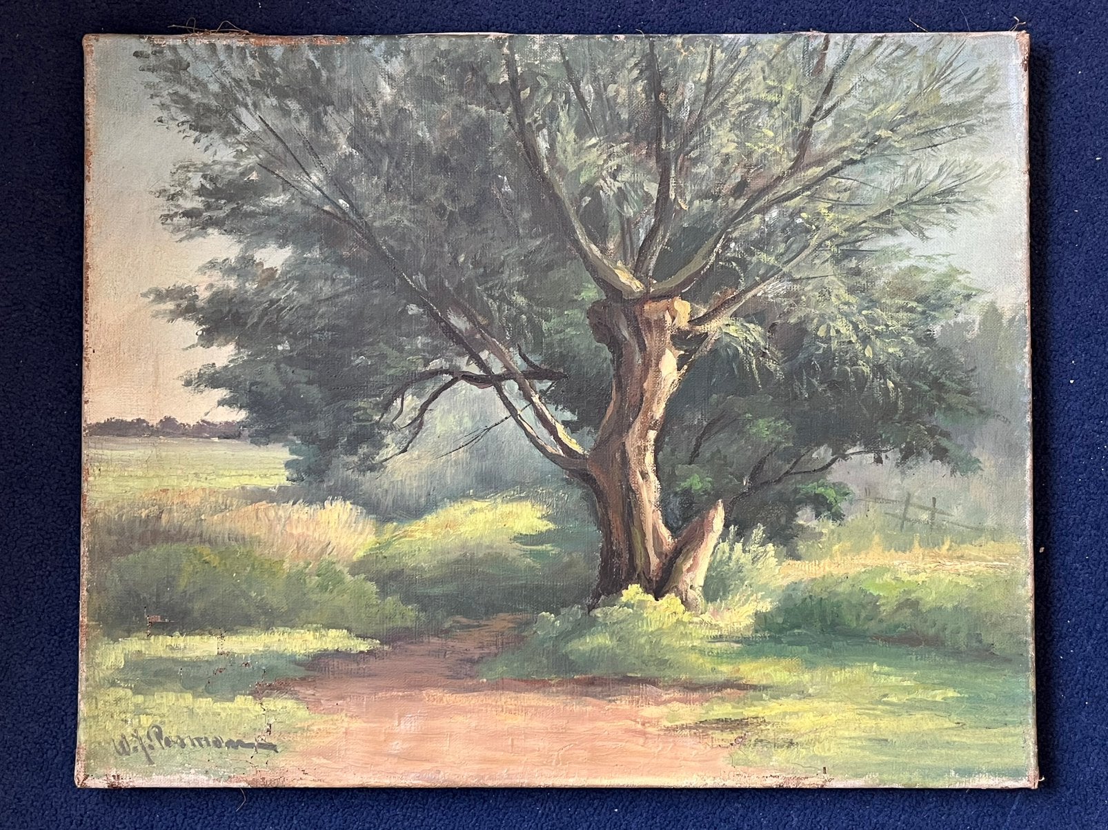 W.J. Pasman Schilderij - Landschap met boom (50x40 cm), Nederlandse school, Doek, Ophalen of Verzenden, Landschap