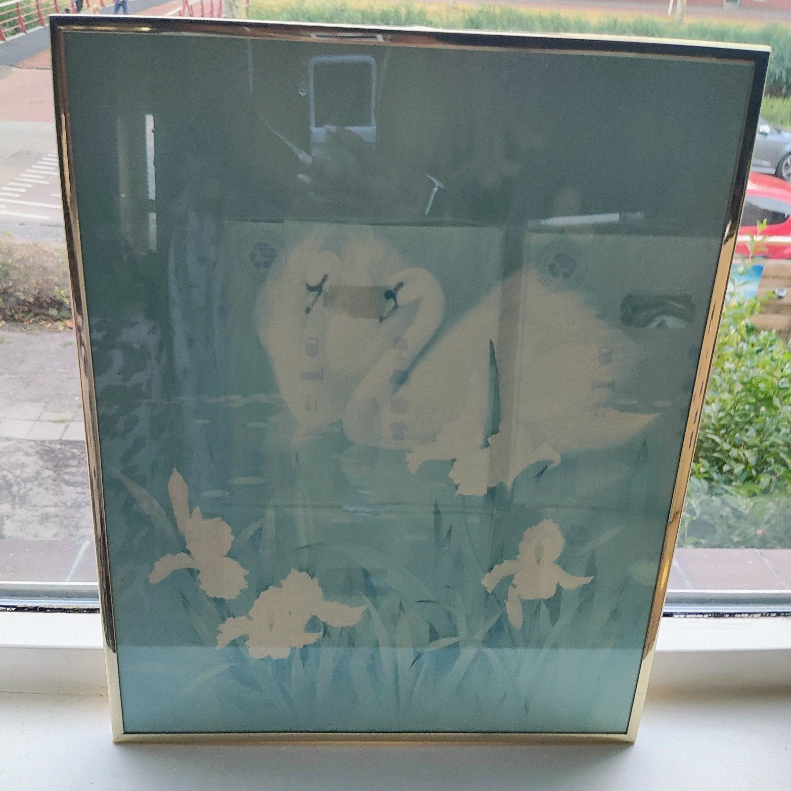 Schilderij van zwanen in gouden frame, Ophalen of Verzenden