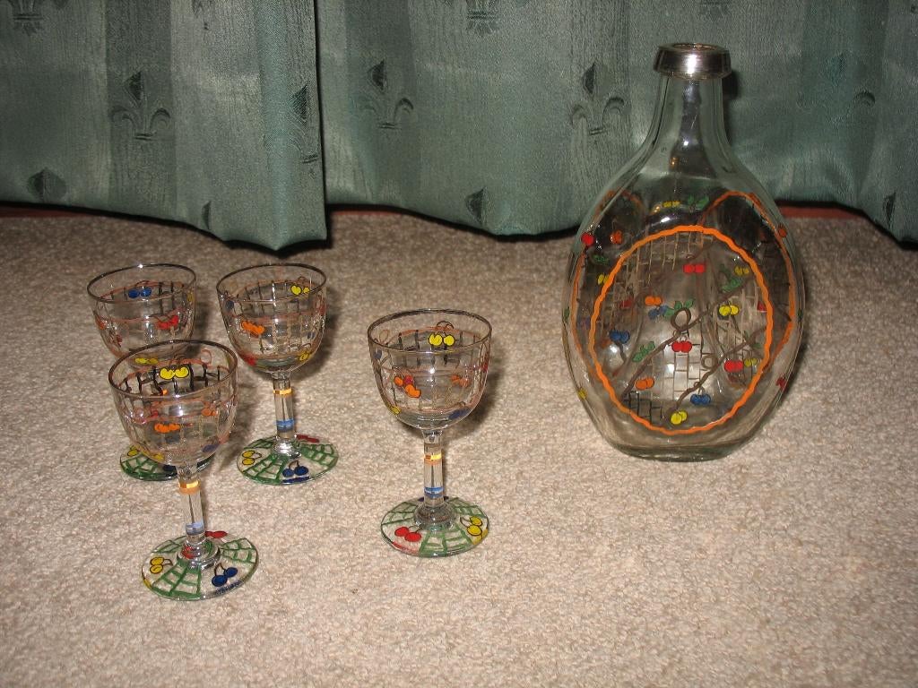 Duits handgeschilderde karaf + 4 glaasjes, Antiek en Kunst, Antiek | Glas en Kristal, Ophalen of Verzenden