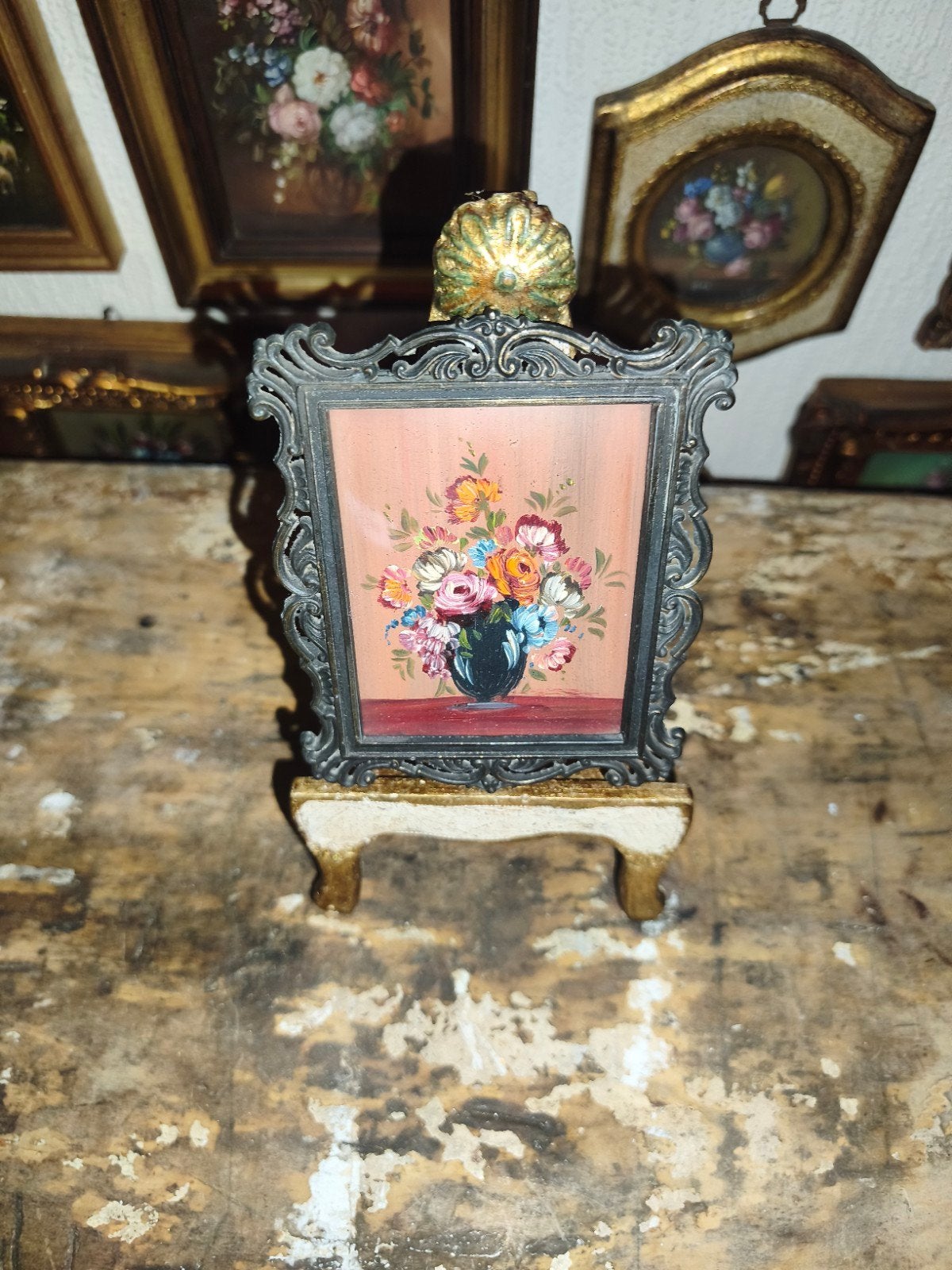oud schilderijtje schilderij lijst stilleven bloemen Y31, Ophalen of Verzenden