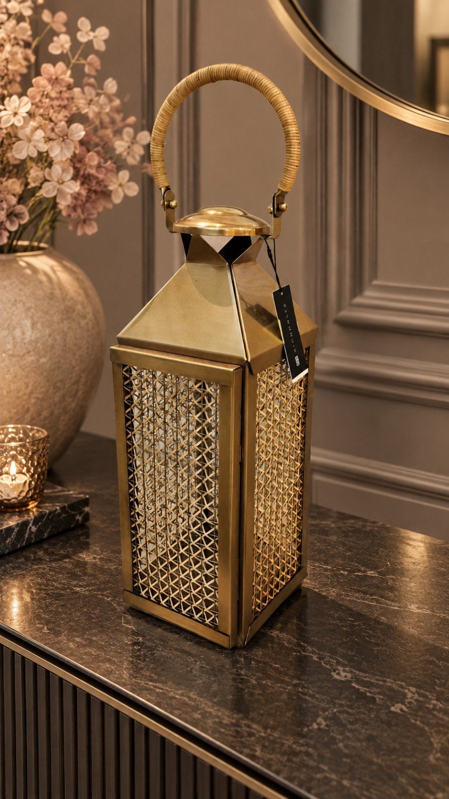 EICHHOLTZ NIEUW Hurricane Festival S Vintage Brass Rattan, Overige materialen, Windlicht, Overige merken, Nieuw