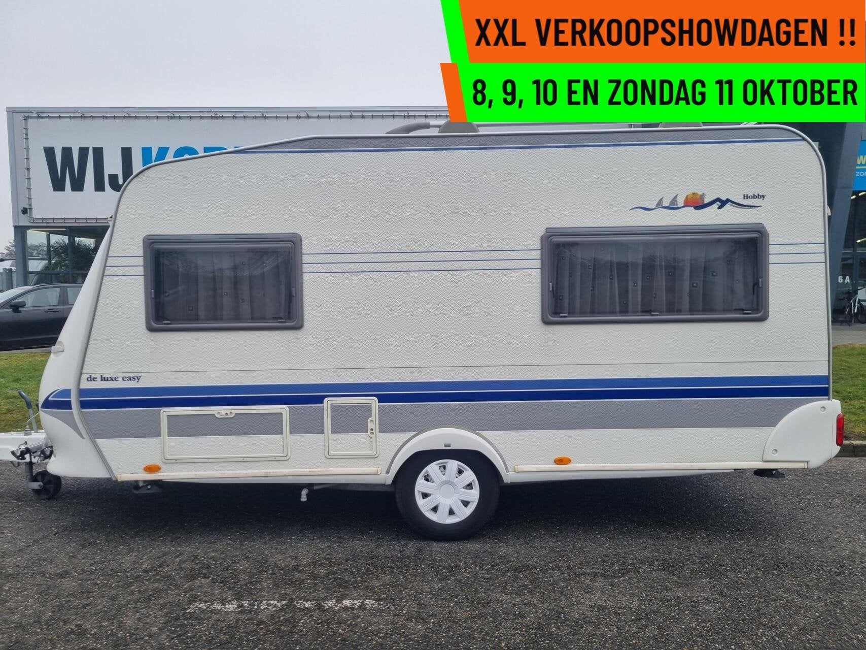 Hobby DE LUXE EASY 440 VOORTENT + DWARSBED + FIETSENDRAGER, Caravans en Kamperen, Hordeur, Hobby, Bedrijf, 6 tot 7 meter