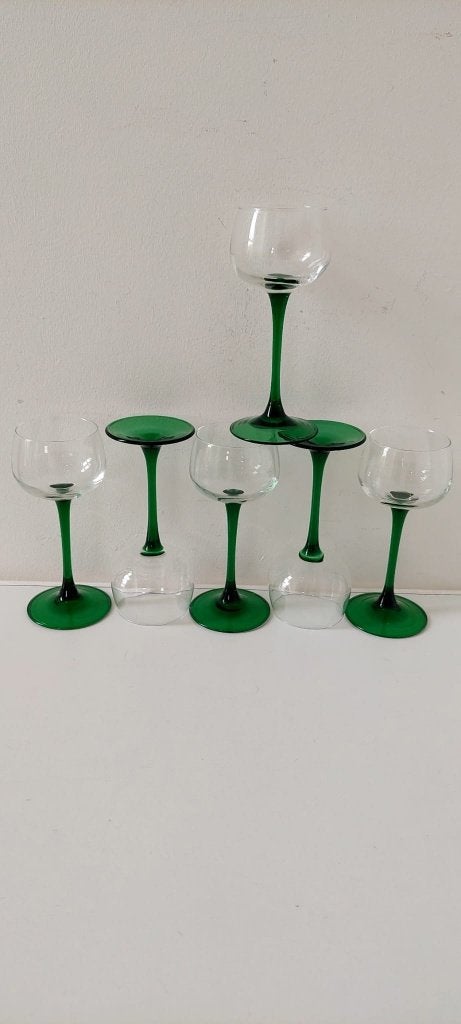6 vintage Luminarc Elzas wijnglazen glazen groene steel, Eu, Eu, Overige typen, Ophalen of Verzenden