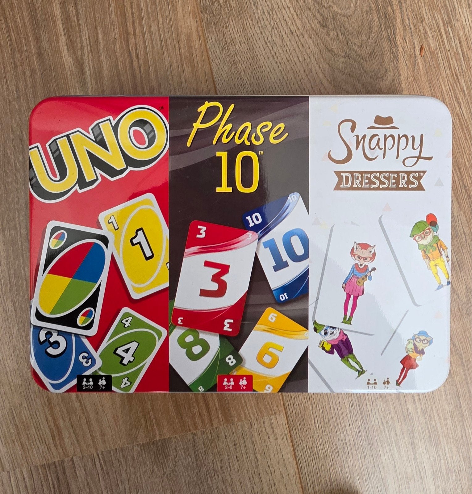 UNO, Phase 10 & Snappy Dressers kaartspellen in blik, Een of twee spelers, Ophalen of Verzenden, Zo goed als nieuw, Mattel