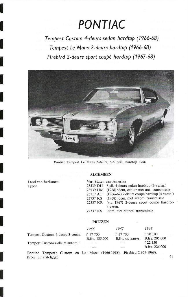 Pontiac custom , Le mans , Firebird 1966-1968 specificaties, Verzenden