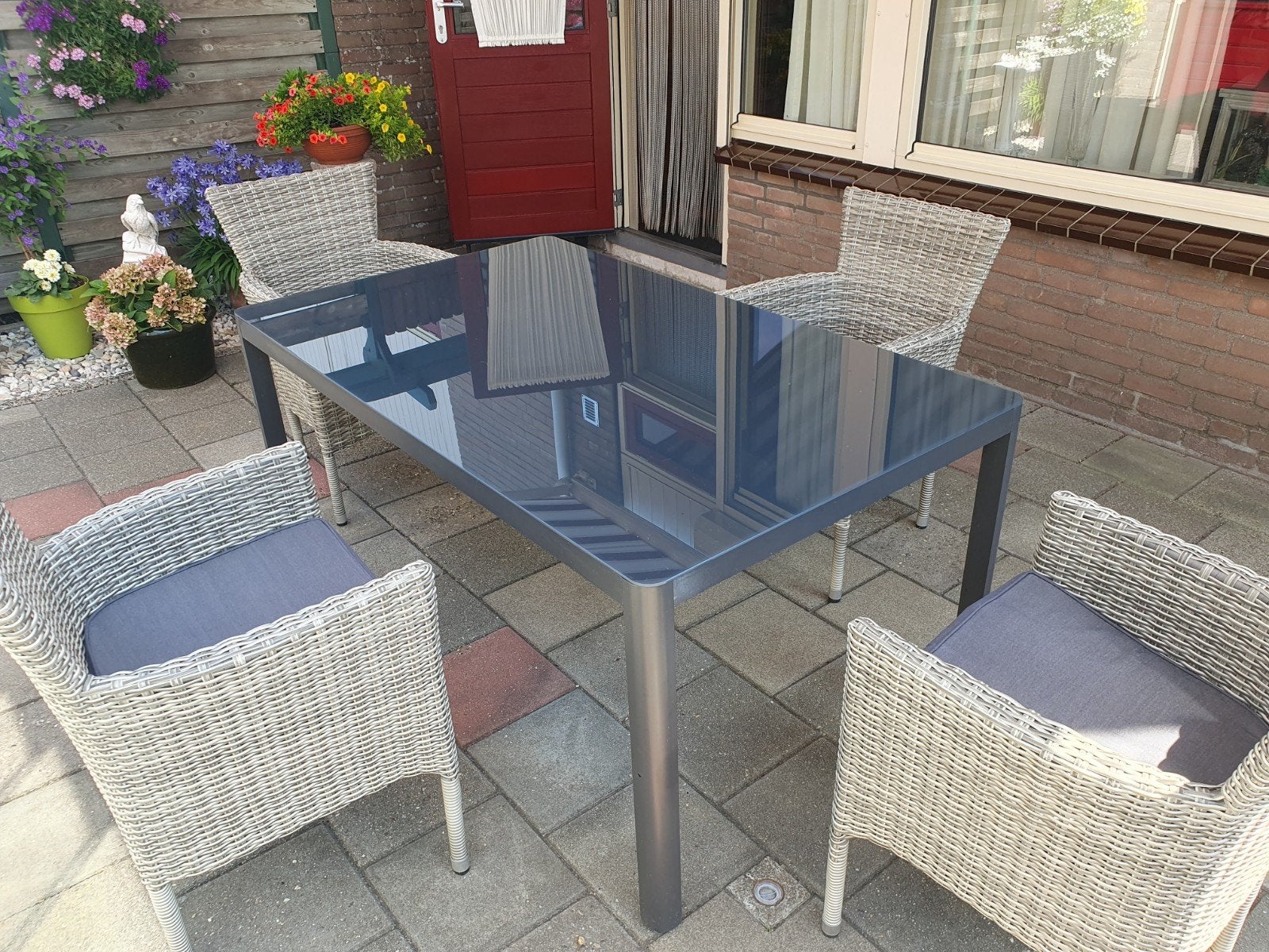 Tuinset zgan. tafel met glas en 4 stoelen, Ophalen, 4 zitplaatsen, Aluminium, Zo goed als nieuw