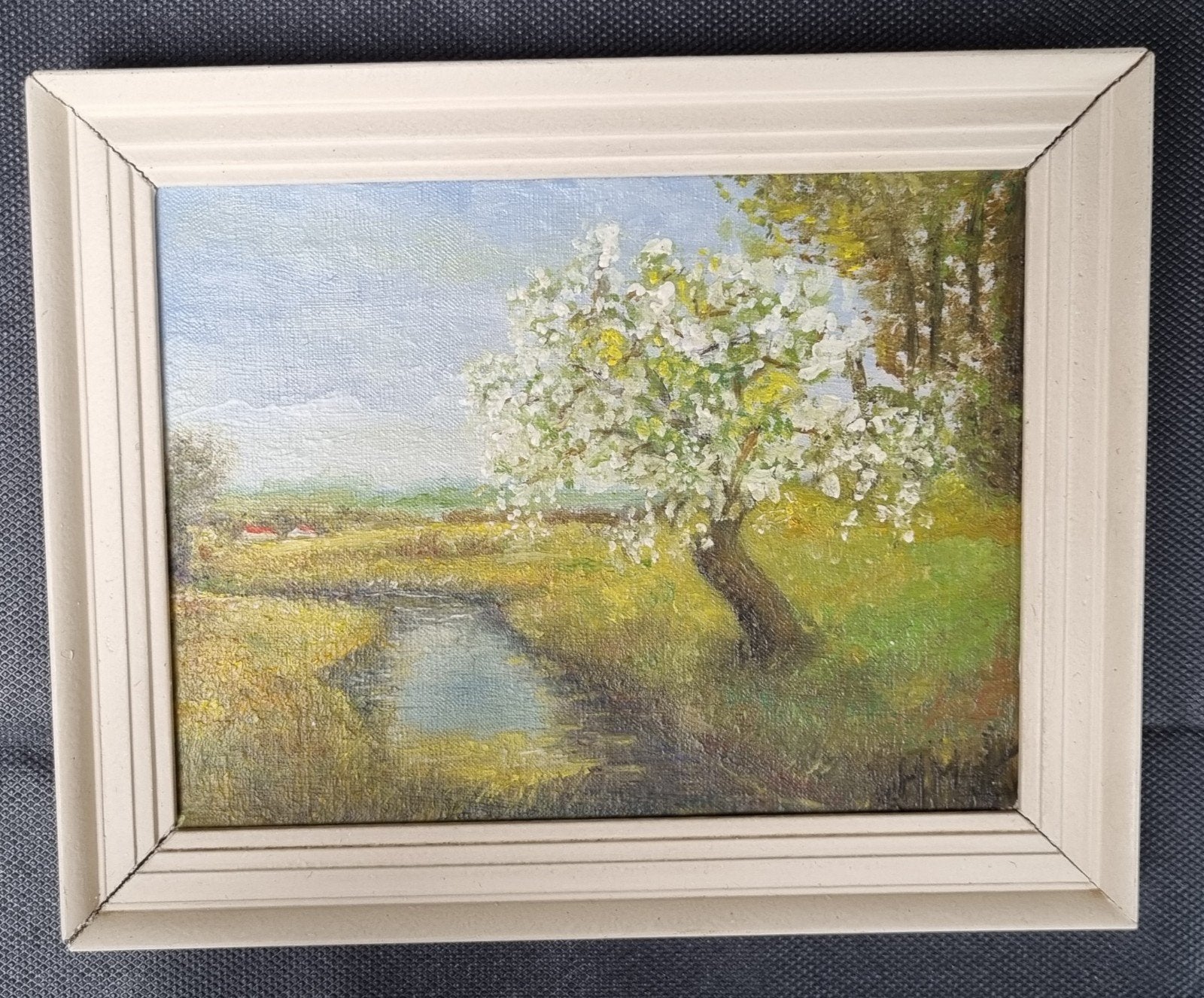 Schilderij op paneel: Bloeiende boom aan water, Antiek en Kunst, Ophalen, Paneel, Realistisch, Landschap