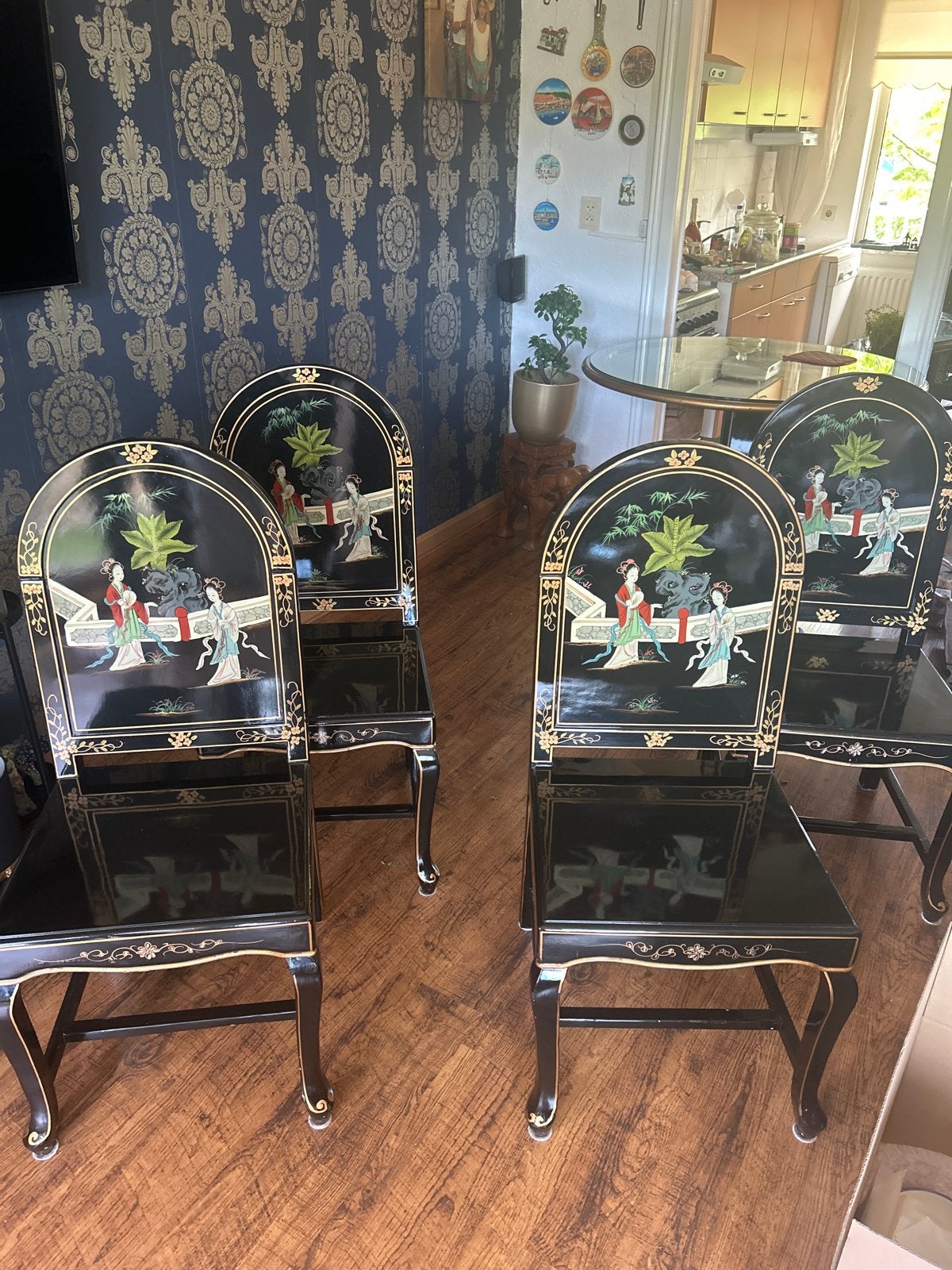 Zwart Chinees gelakte eettafel met 4 stoelen, Ophalen