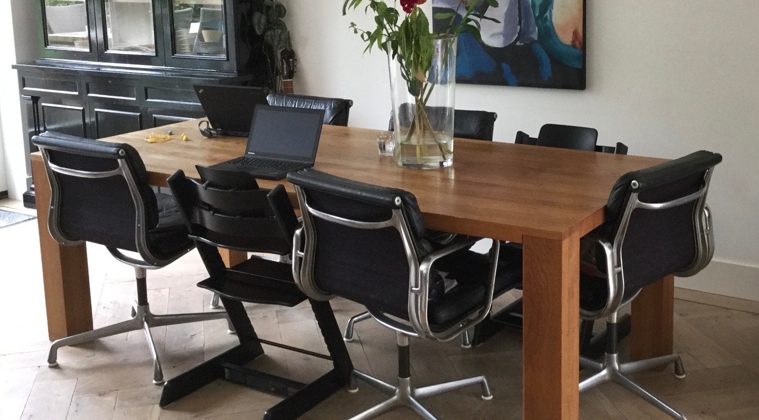 Eikenhouten eettafel van Joop van Arnhem 220 x 100 cm, Ophalen, Gebruikt, Eikenhout, 50 tot 100 cm