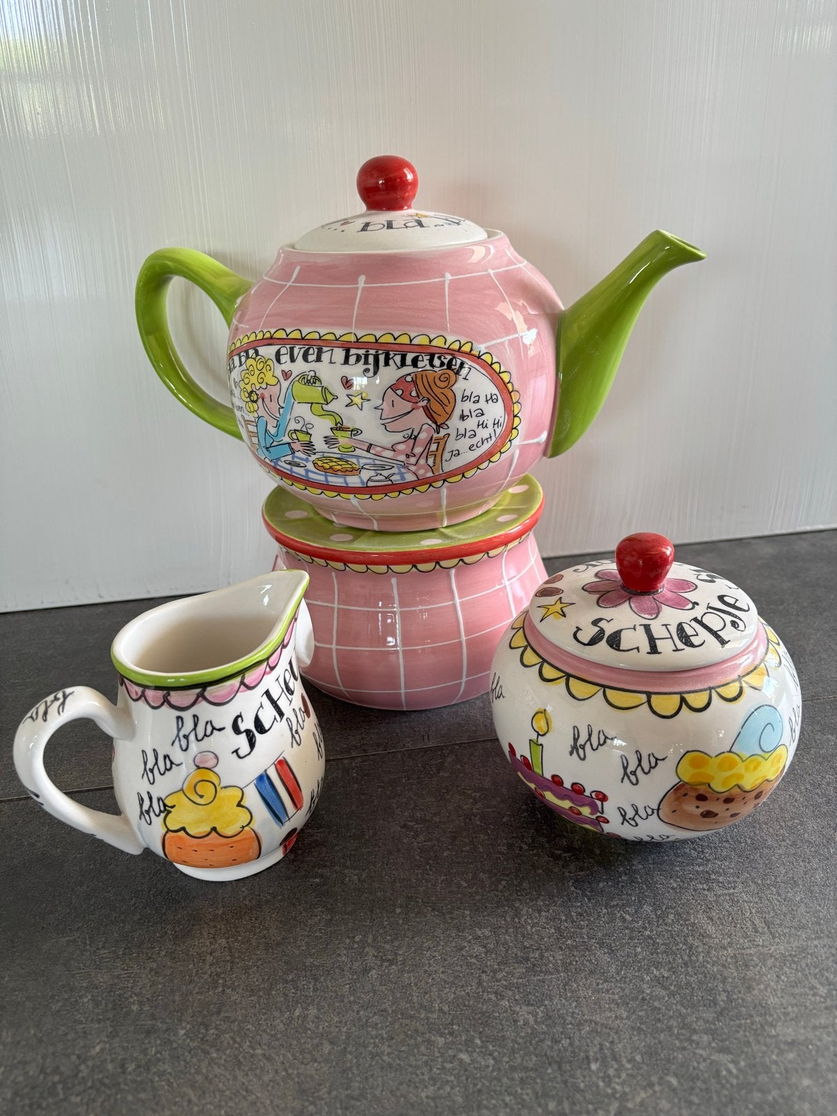 Blond Amsterdam theepot met theelicht en suikerpot, Verzenden, Zo goed als nieuw, Keramiek, Overige typen