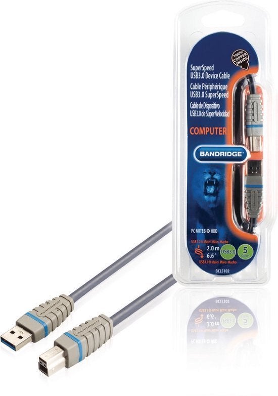 Bandridge USB 3.0 A naar B kabel – 2 meter, Audio, Tv en Foto, Audiokabels en Televisiekabels, Ophalen of Verzenden, Gebruikt