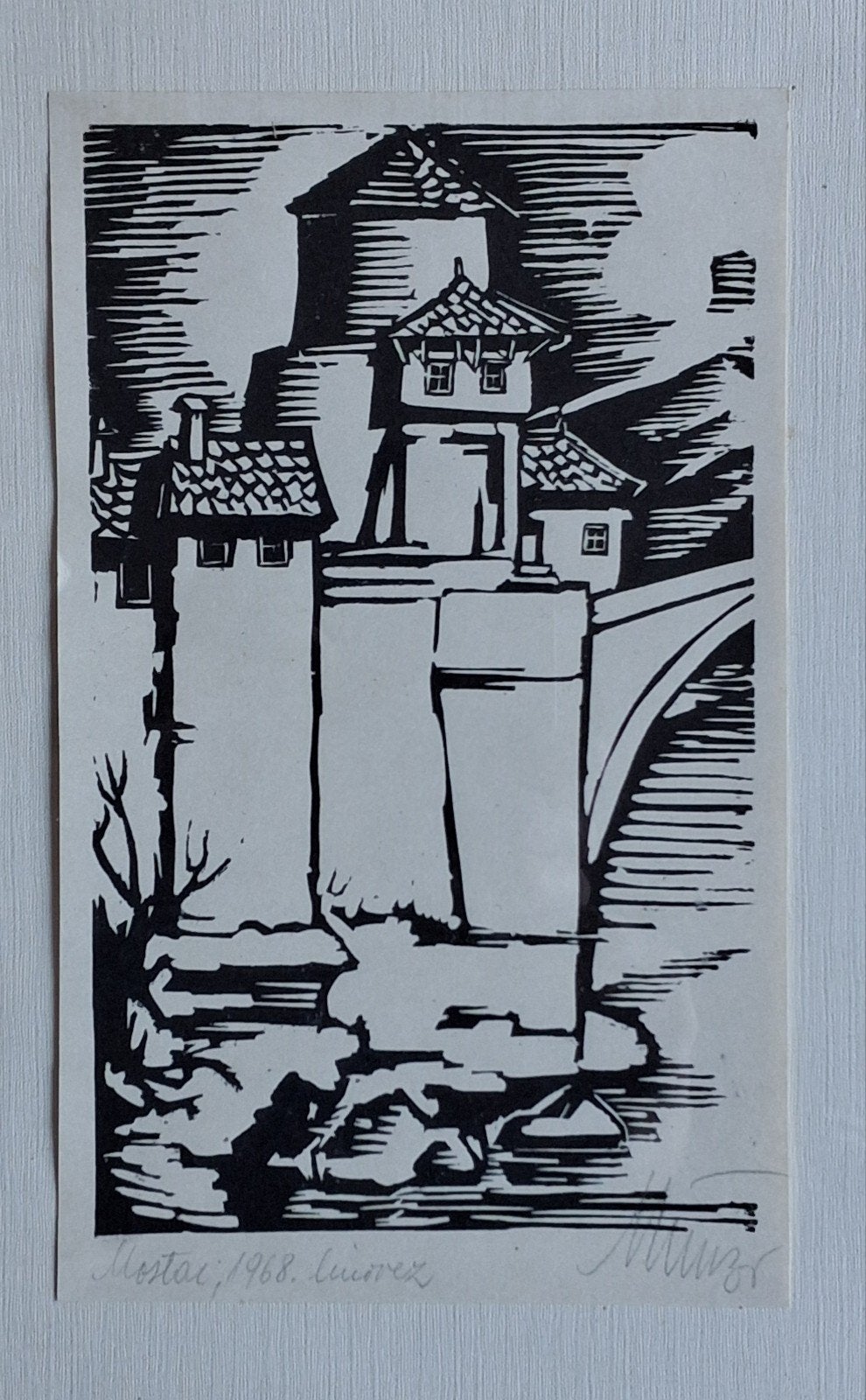 Houtsnede.  1968. Sign. 26/36 cm, Ophalen, 1950 - 1999, Stadsgezicht, Houtsnede