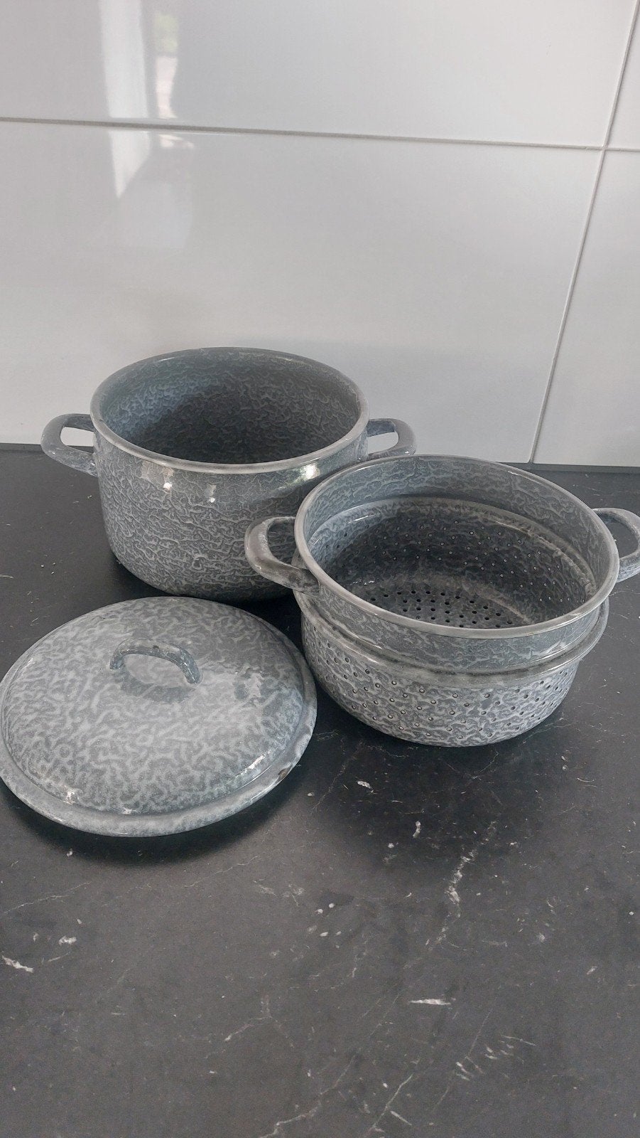 Oude Emaille pan met stoom inzet in prima staat, Ophalen of Verzenden