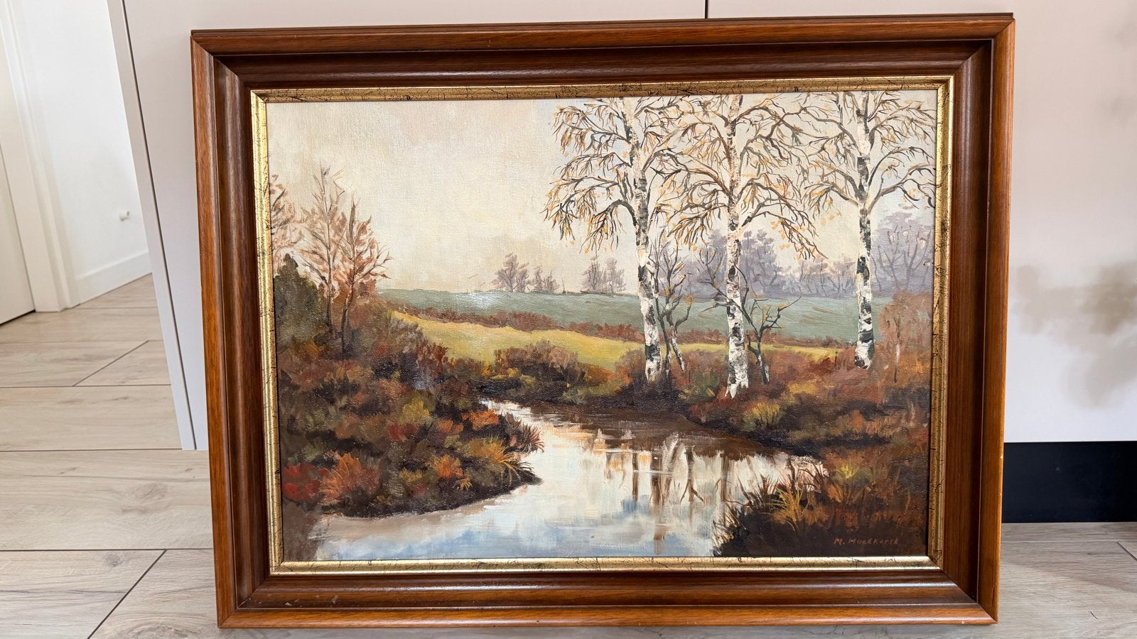 Schilderij Landschap met Beken en Berken - Gesigneerd, Ophalen, Doek, Realistisch, Gesigneerd