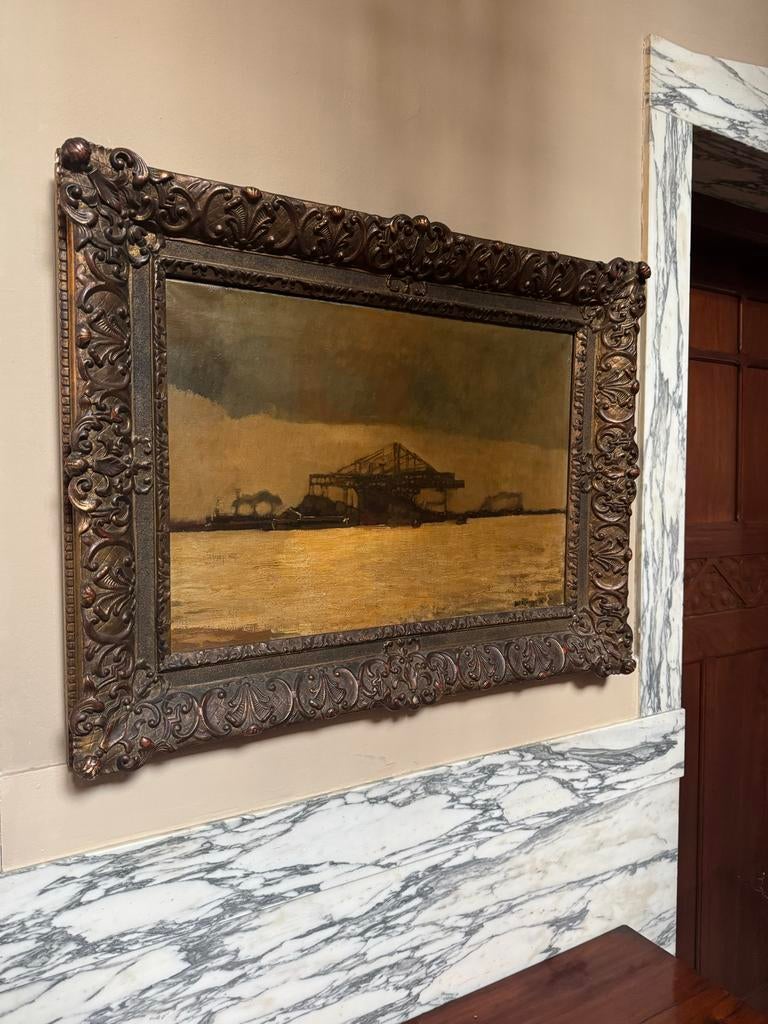 Groot Olieverf schilderij Wijnhaven Rotterdam havengezicht, Antiek en Kunst, Ophalen