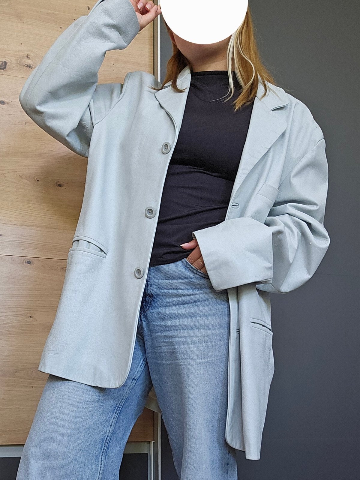 Lichtblauwe leren blazer, Echt leer, Blauw, Maat 46/48 (XL) of groter, Ophalen of Verzenden