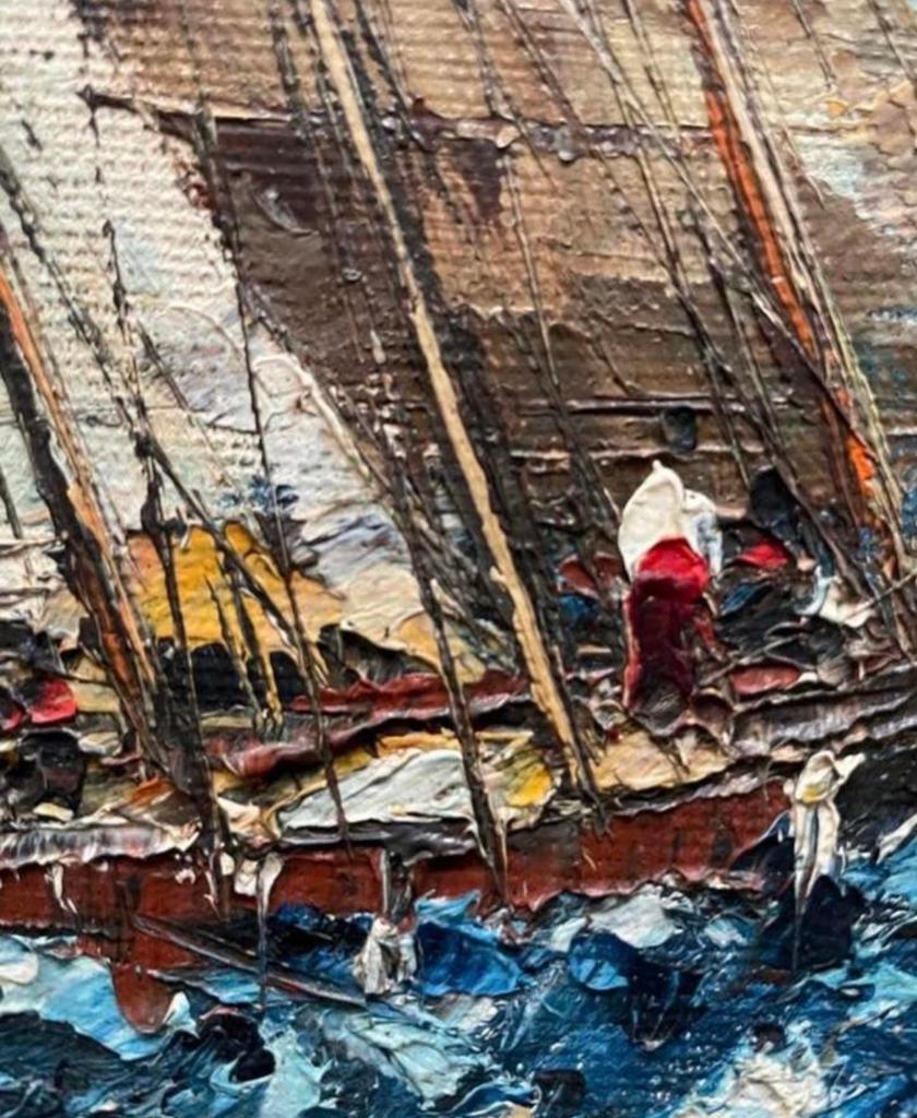 Olieverfschilderij Zeilboten op woelige zee, Antiek en Kunst, Kunst | Schilderijen | Klassiek, Ophalen of Verzenden