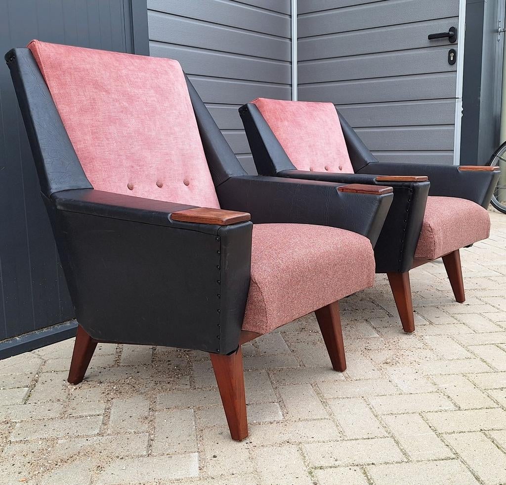 Set van 2 retro vintage fauteuils, skai en wollen stoffering, Ophalen, Gebruikt, Vintage, 75 tot 100 cm