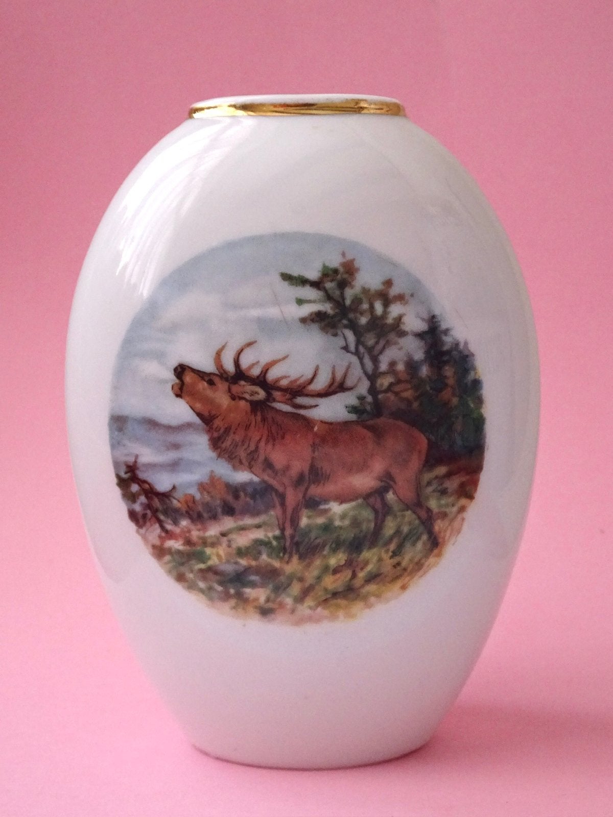 Vintage 50s 60s porselein vaas vaasje hert hertje wit antiek, Ophalen