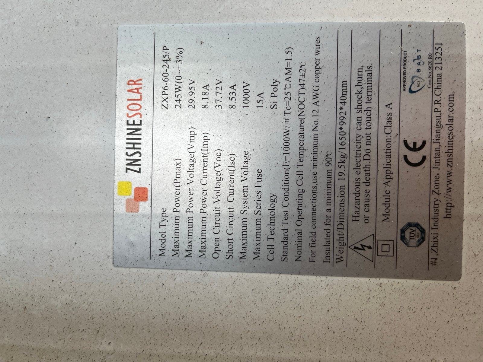 12 stuks ZNShine Solar ZXP6-60-245/P Zonnepaneel 245Wp, Ophalen, Gebruikt
