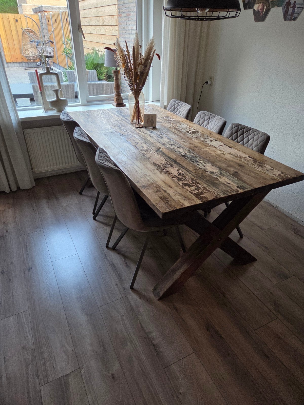 Robuuste eettafel met verweerd houten blad - 200 cm, Ophalen, Gebruikt, 200 cm of meer, 50 tot 100 cm